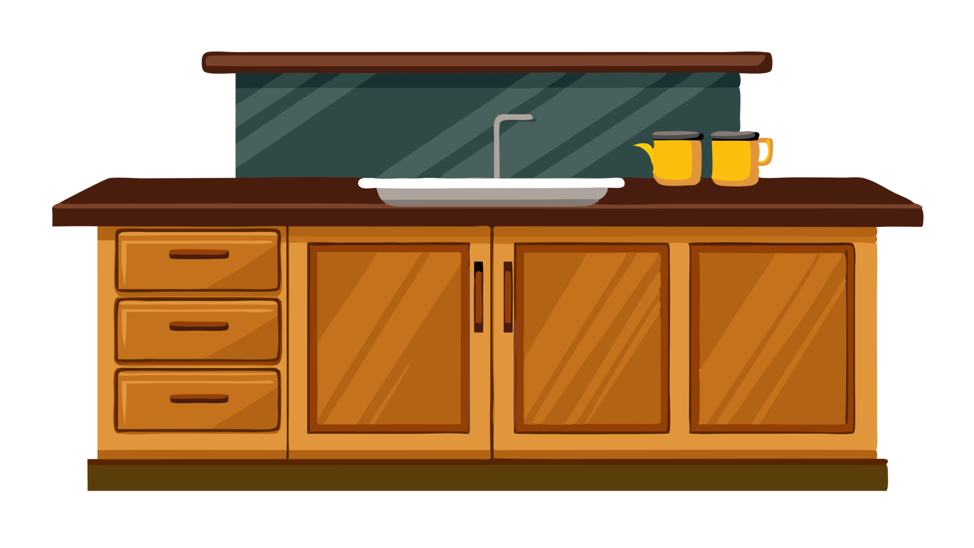 Illustration of a kitchen counter with a sink, green backsplash, and