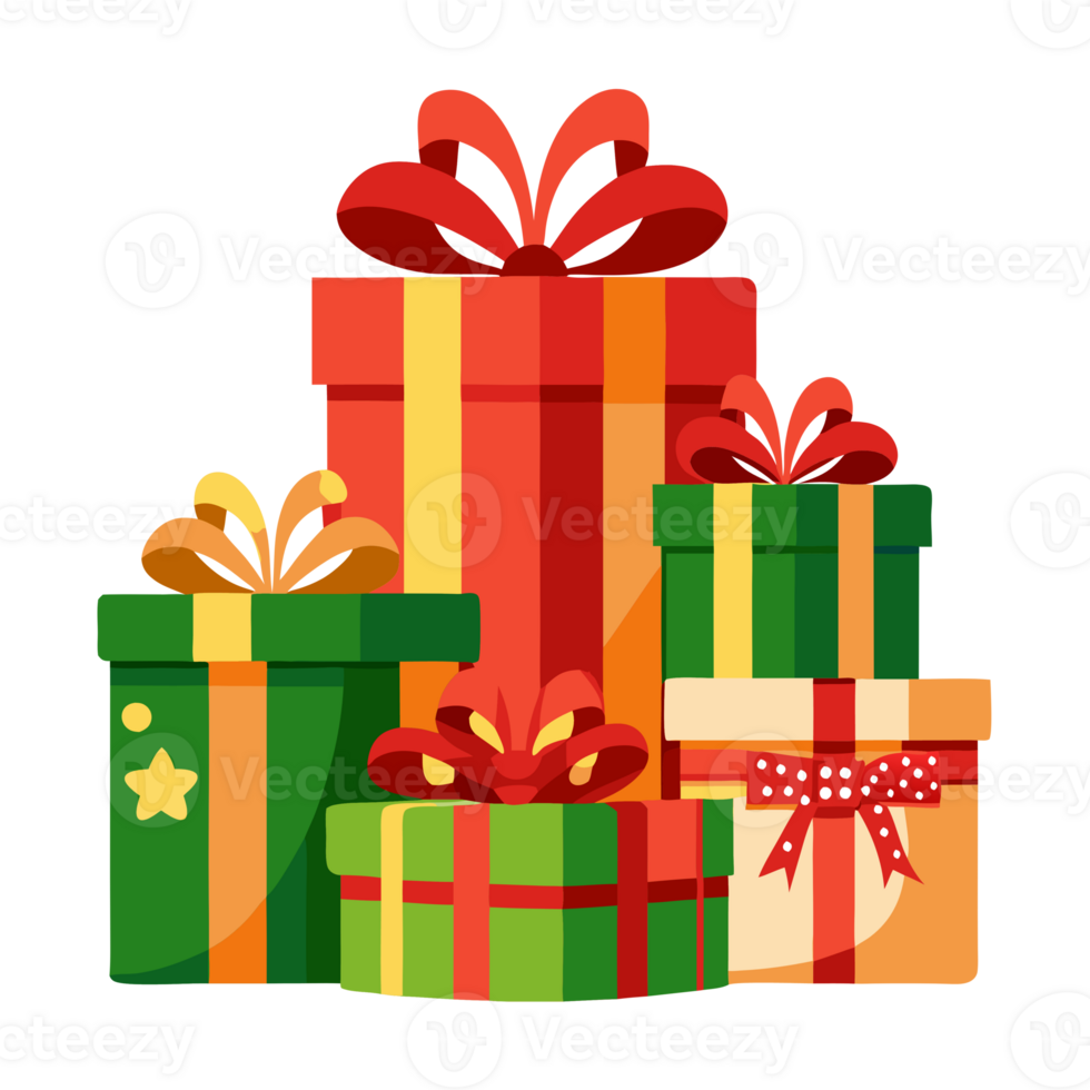 Festive Christmas presents wrapped in colorful paper with ribbons, ideal for holiday celebrations, gifting, and spreading joy. png