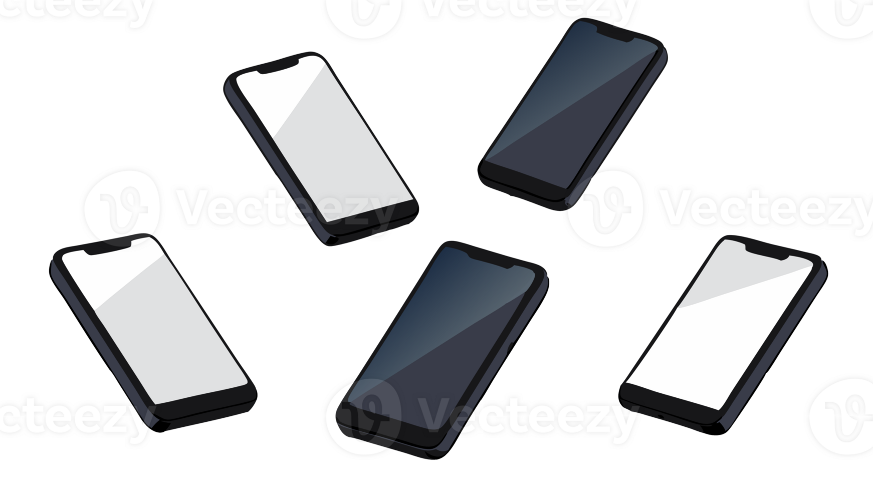 Isometric illustration of modern smartphones in different orientations, showcasing sleek design and blank screens on a white background. png