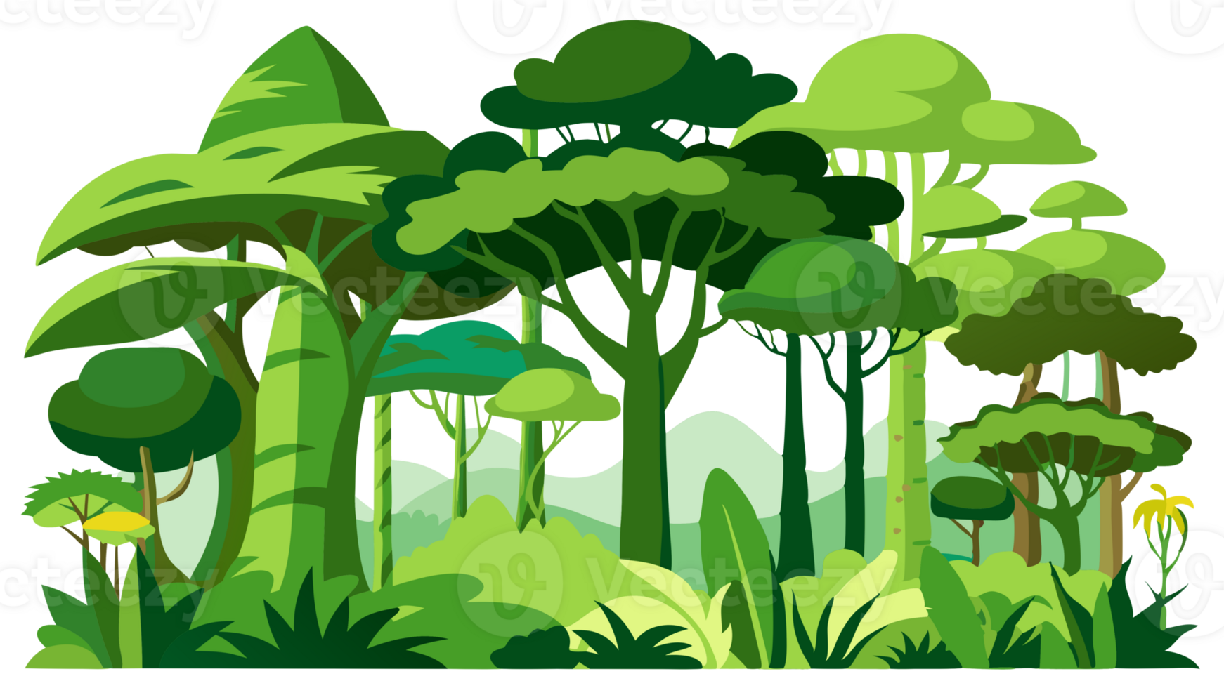 Illustration of a lush tropical rainforest with diverse green foliage and tall trees, depicting a vibrant jungle ecosystem. png