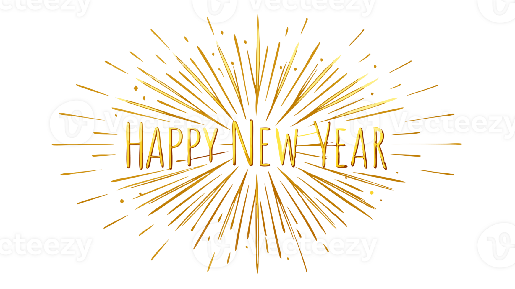 Golden Happy New Year text with radiant burst design, perfect for celebratory cards, invitations, and festive decorations. png