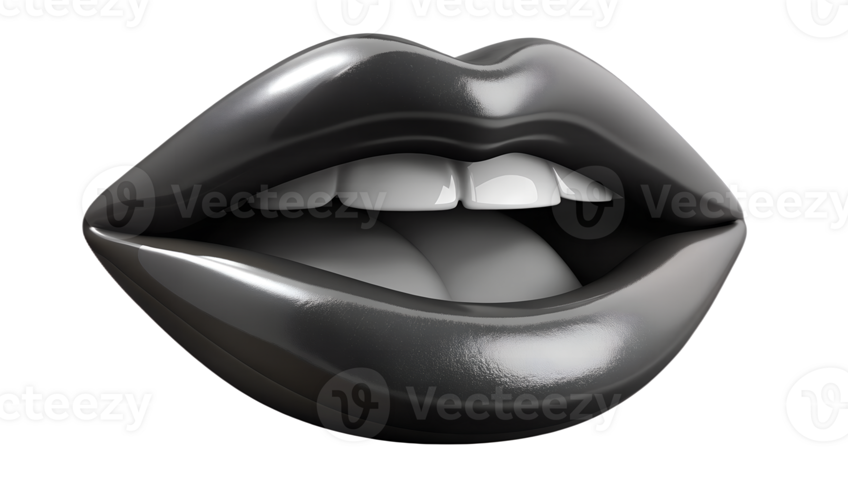 Close-up of glossy black lips showing teeth, isolated on white background. High-resolution image perfect for beauty and makeup themes. png