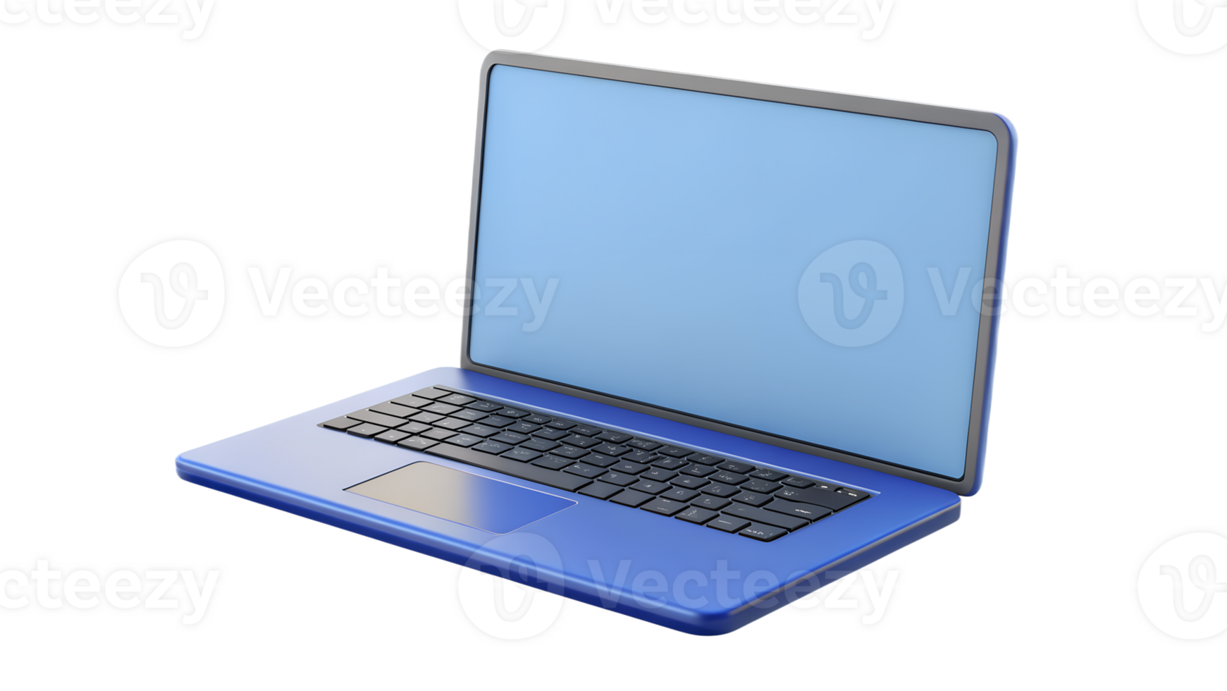 Modern blue laptop isolated on white background with blank screen, open at an angle, showcasing keyboard and touchpad. png