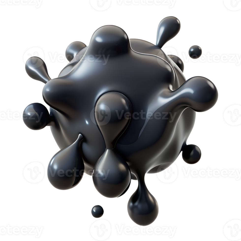 Glossy black abstract shape with fluid droplets, isolated on a white background, representing modern art and creativity. png