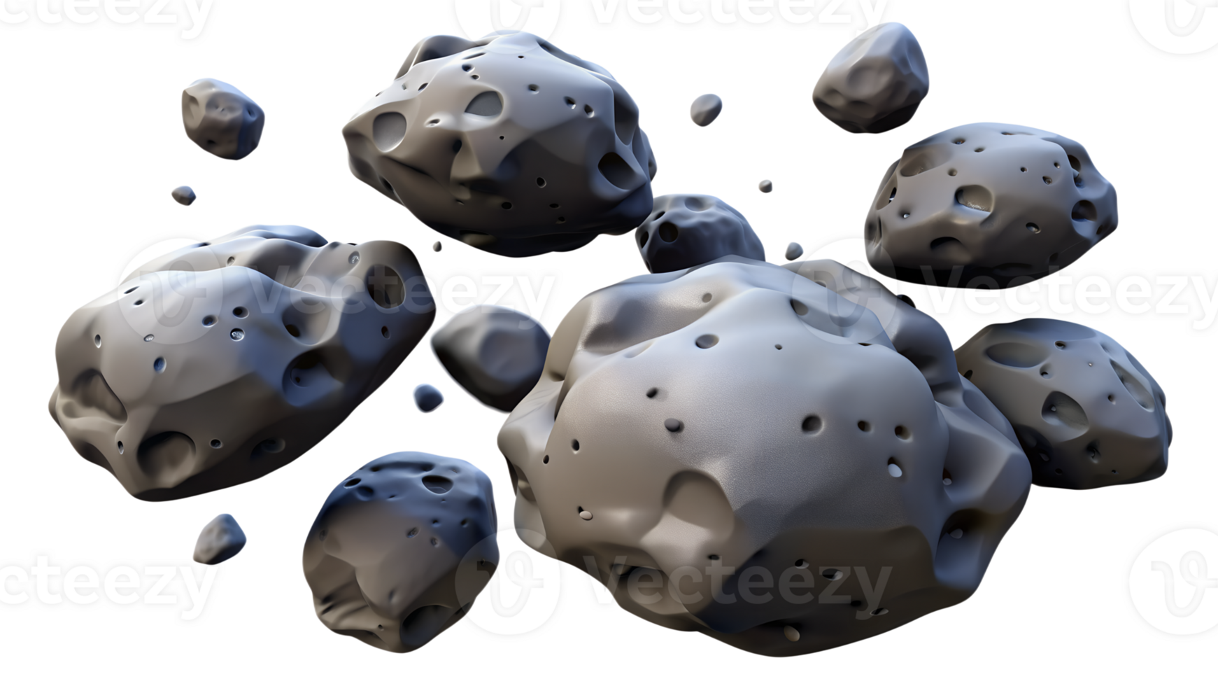 Collection of 3D-rendered asteroids and space rocks on a white background, showcasing realistic textures and details. png