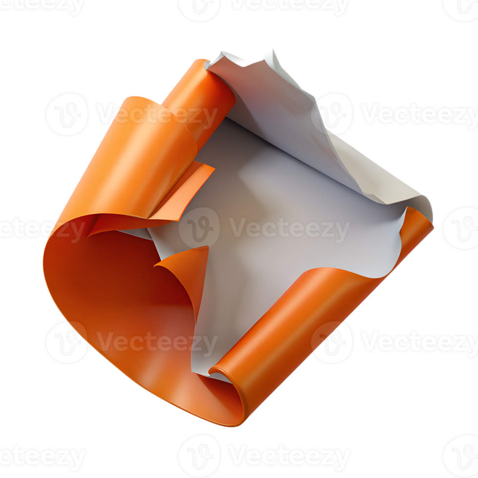 Rolled up sheet of orange paper with curled edges, isolated on a white background. Perfect for design projects or texture use. png