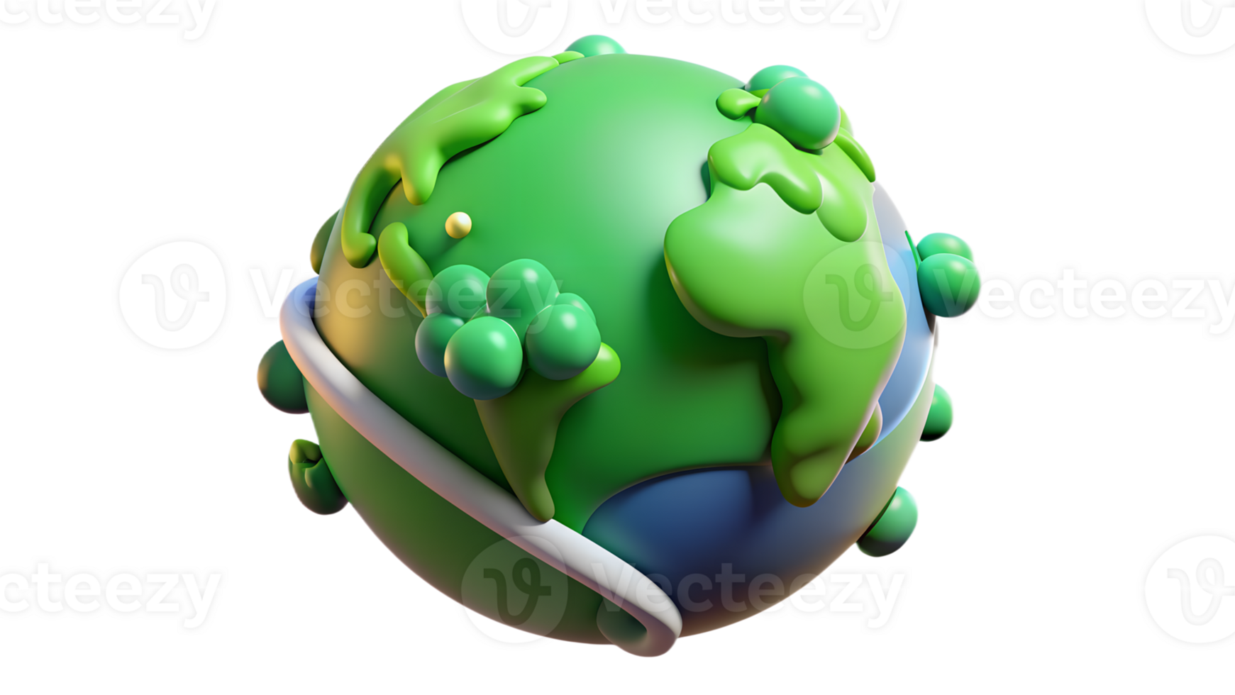 Colorful 3D illustration of Earth with exaggerated continents, clouds, and landscape elements, emphasizing global connectivity and environment. png