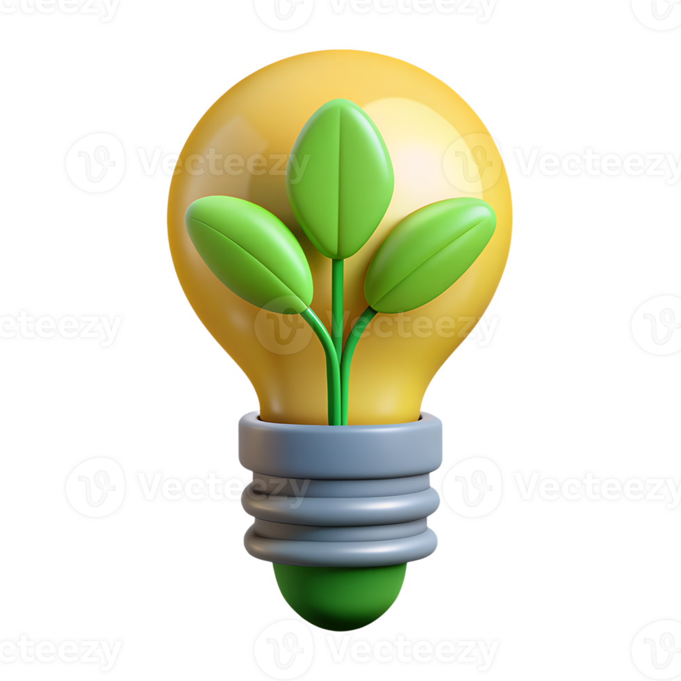 Eco-friendly light bulb illustration with green plant inside. Symbol of sustainable energy, innovation, and environmental consciousness. png