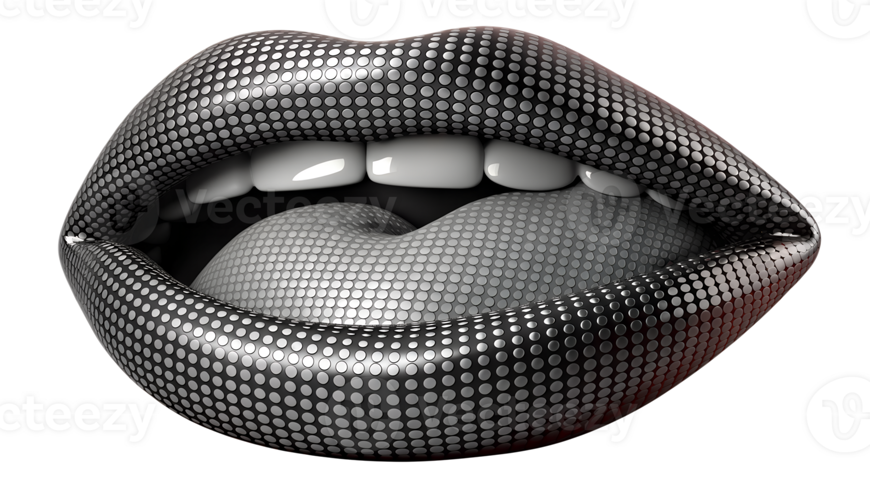 Close-up of black and white pixelated lips with teeth in a modern and abstract digital art style, isolated on white background. png