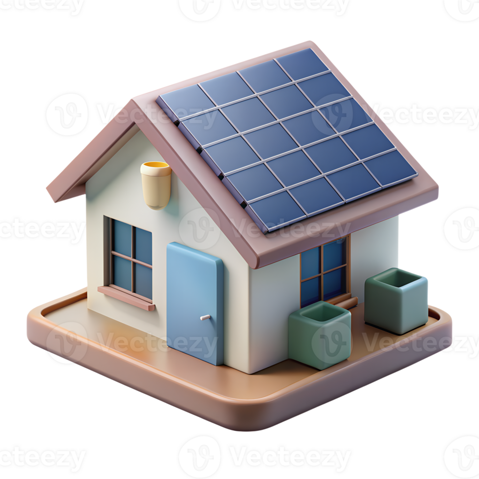 Modern 3D illustration of a small house with solar panels, eco-friendly design showcasing sustainable energy solutions and green technology. png