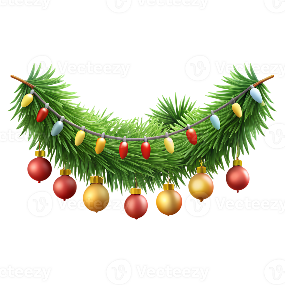 Festive Christmas garland with colorful string lights and baubles, creating a cheerful holiday decoration. png