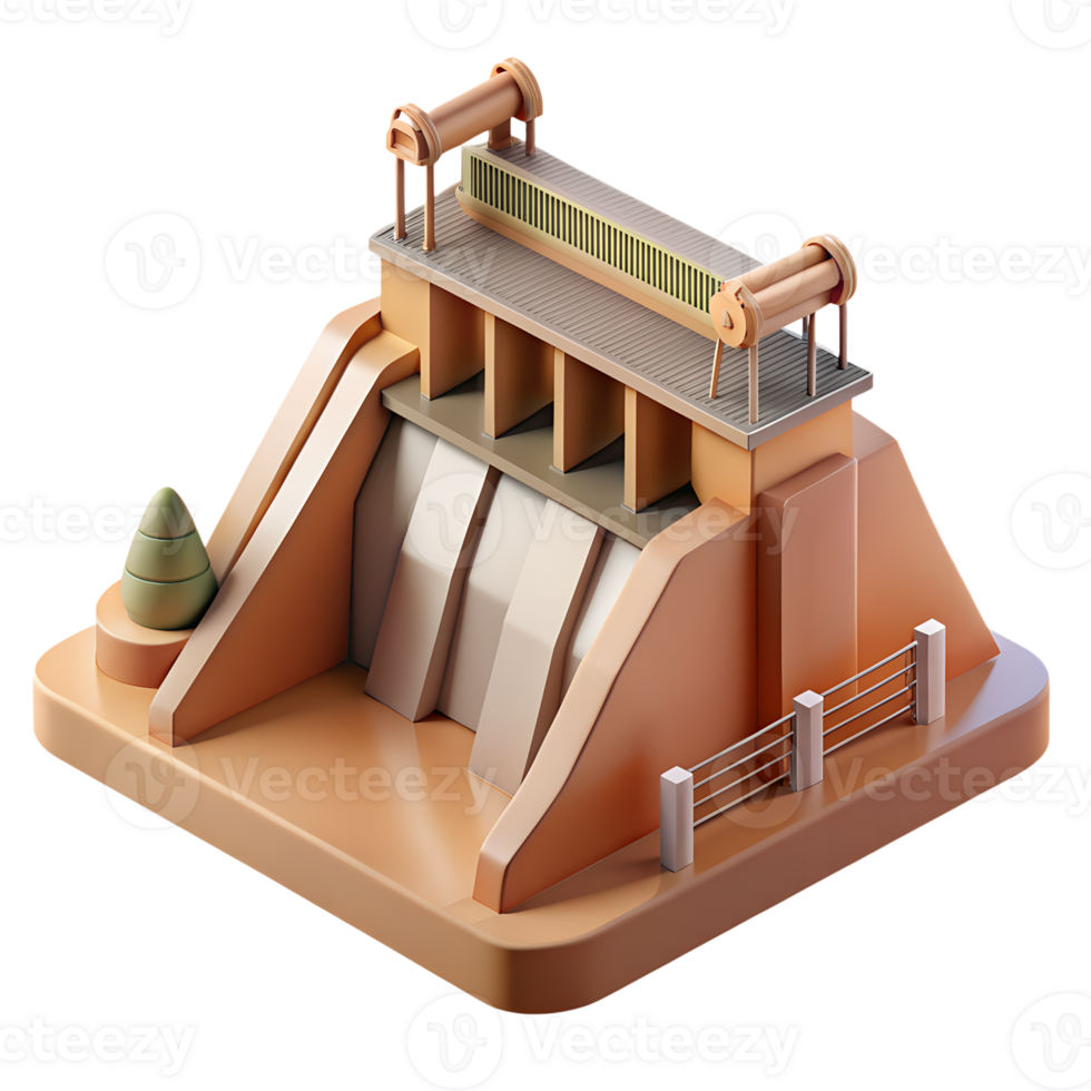 Isometric illustration of a hydroelectric dam with architectural details and surrounding elements in a 3D design style. png