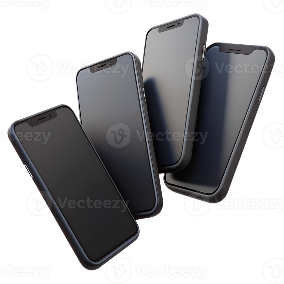 Four modern smartphones with black screens showcased together isolated on a white background. High-resolution image for technology content. png