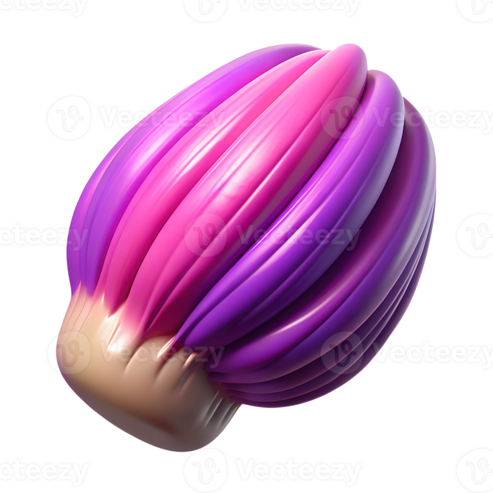 Digitally rendered colorful abstract object with vibrant purple and pink hues, resembling a futuristic seed or pod on a white background. png