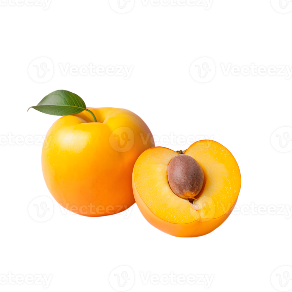Vibrant yellow persimmon fruit, whole and halved with seed, isolated on white background. Fresh and juicy. Ideal for healthy eating concepts. png