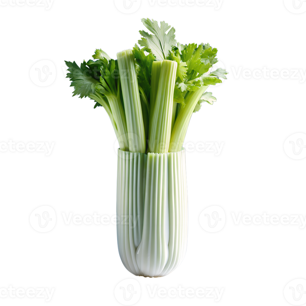 Close-up of fresh celery stalks in vibrant green. Isolated on white background perfect for healthy eating and cooking concepts. png