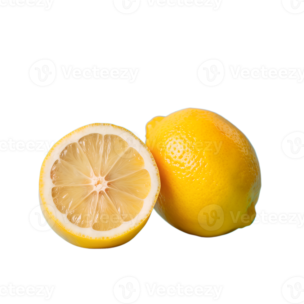 Fresh lemons, one whole and one half, on a white background. Perfect for culinary, health, and refreshing beverage themes. png