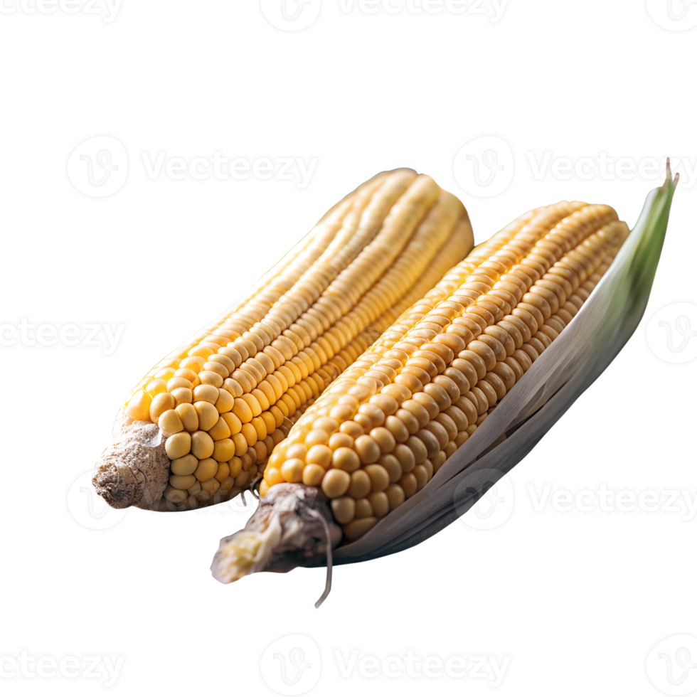 Fresh, ripe ears of corn with husks removed revealing golden kernels, perfect for harvest, food, and agricultural themes. png