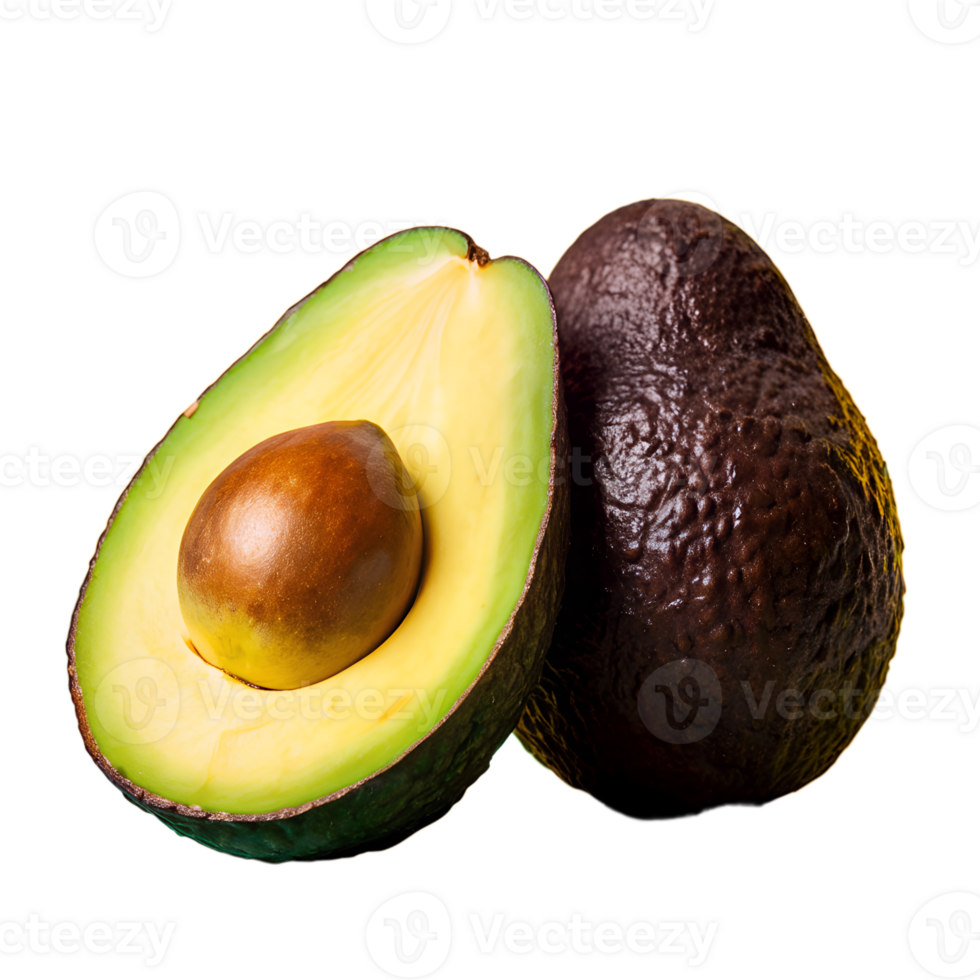 Fresh ripe avocado split in half with visible seed on white background. Perfect for healthy eating and diet concepts. png