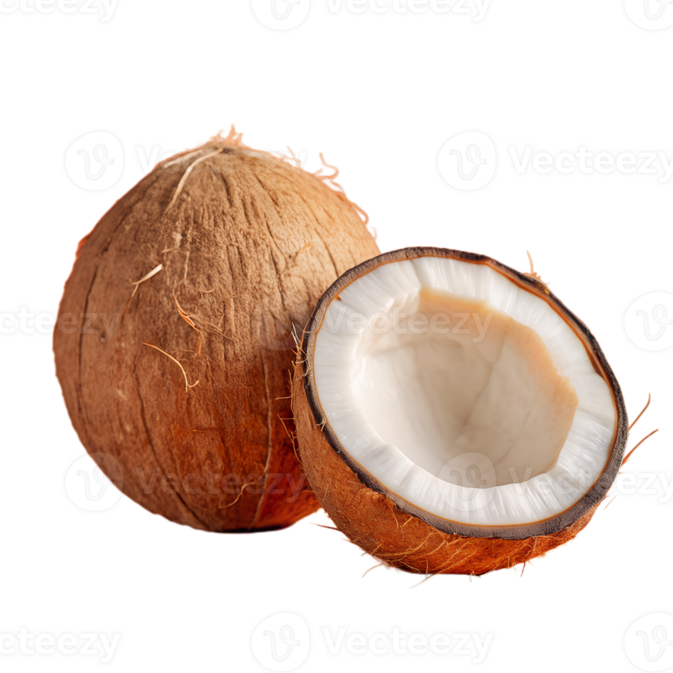 Fresh whole coconut and one half revealing white flesh. Perfect for tropical and healthy food concepts. png