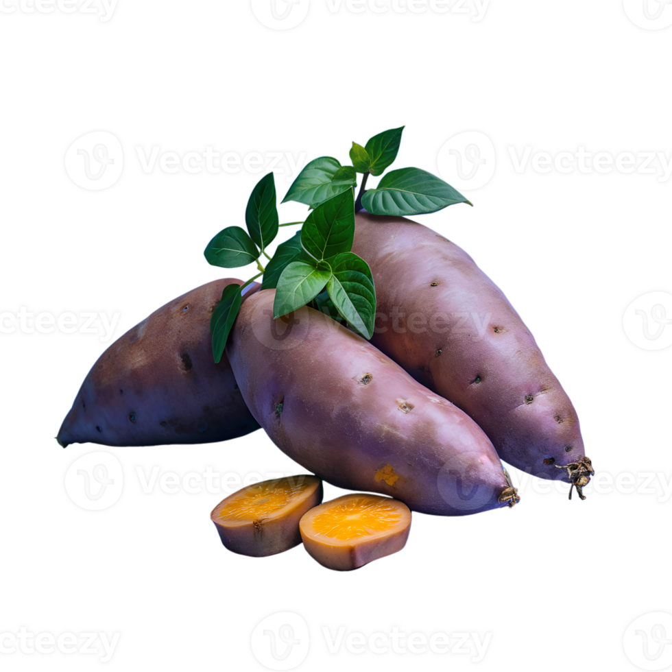 Fresh sweet potatoes with green leaves against a white background. Vibrant colors, perfect for cooking, gardening, or health-related content png