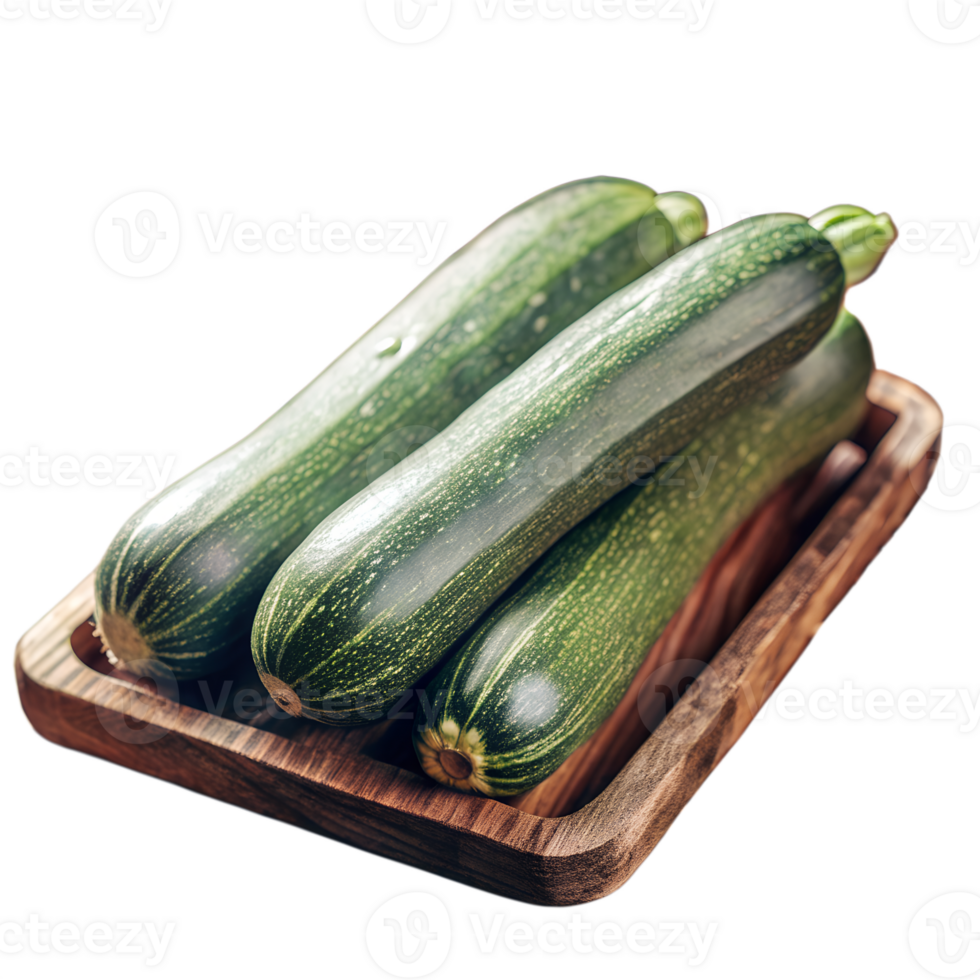 Fresh green zucchinis in a wooden tray on white background, perfect for culinary, food photography, and healthy lifestyle concepts. png