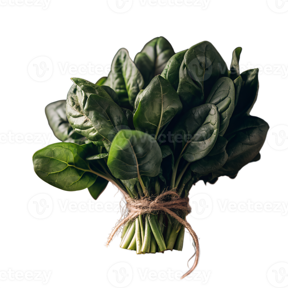 Fresh bundle of green spinach leaves tied with twine, isolated on a white background. Perfect for cooking, salads, or healthy eating. png