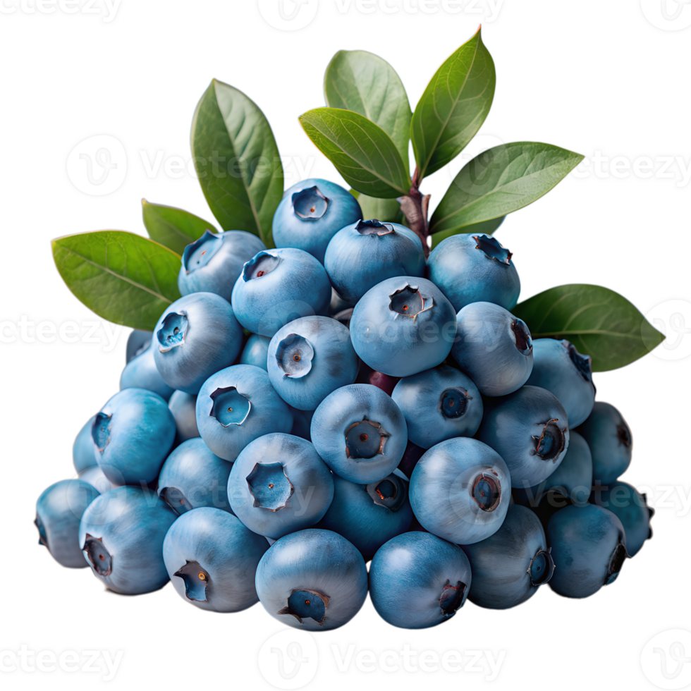 Fresh blueberries with green leaves, high resolution, isolated on white background. Perfect for healthy eating and organic food concepts. png