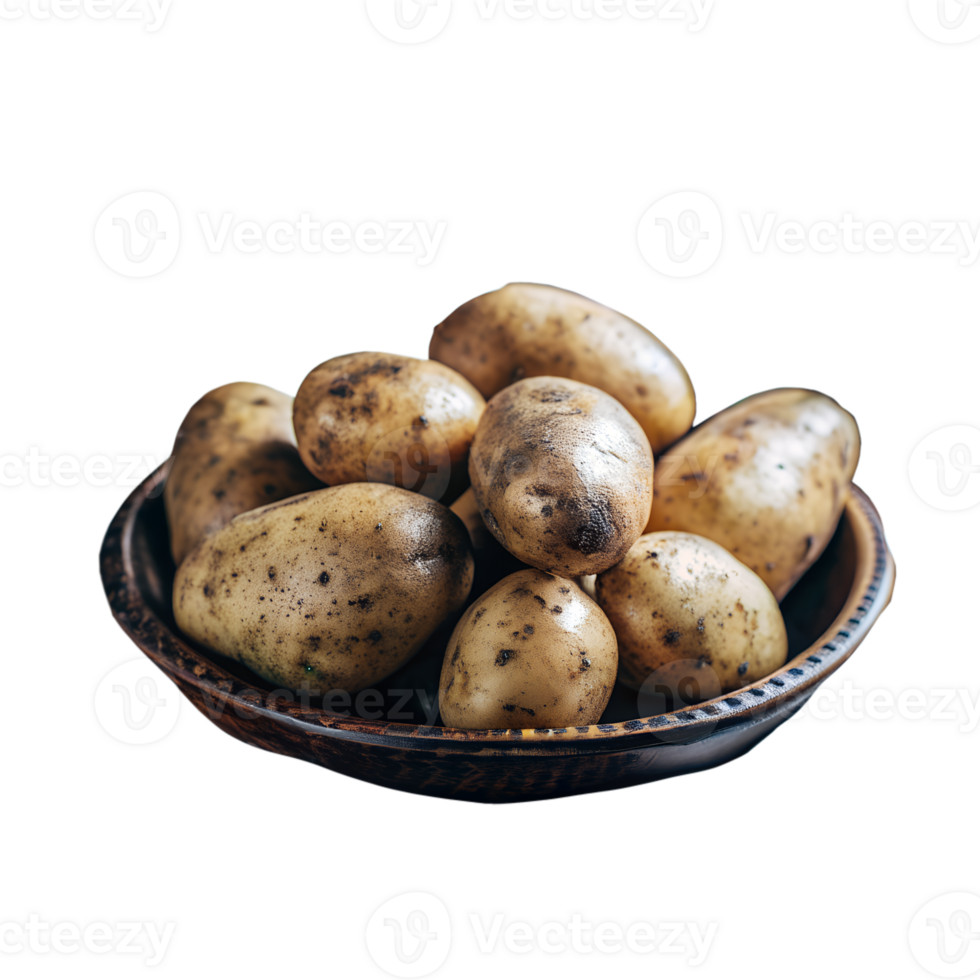 A rustic bowl filled with fresh, organic potatoes, showcasing their earthy texture and natural appearance on a clean background. png