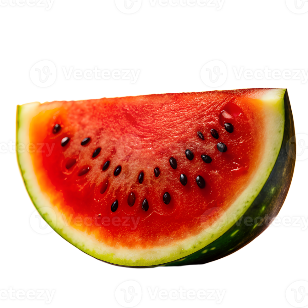 Close-up image of a juicy watermelon slice with vibrant red flesh and black seeds, ideal for summer and healthy eating themes. png