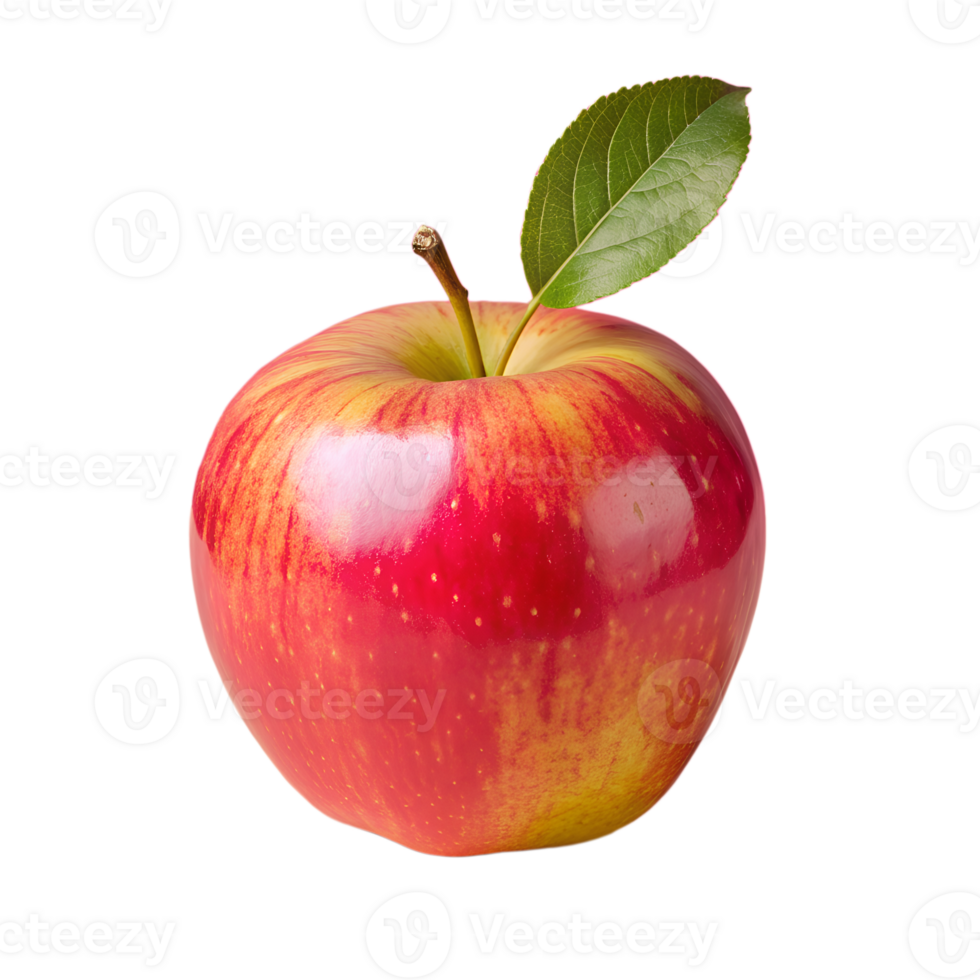 Close-up of a fresh, red apple with a green leaf on the stem, isolated on a white background. Perfect for health and food-related concepts. png