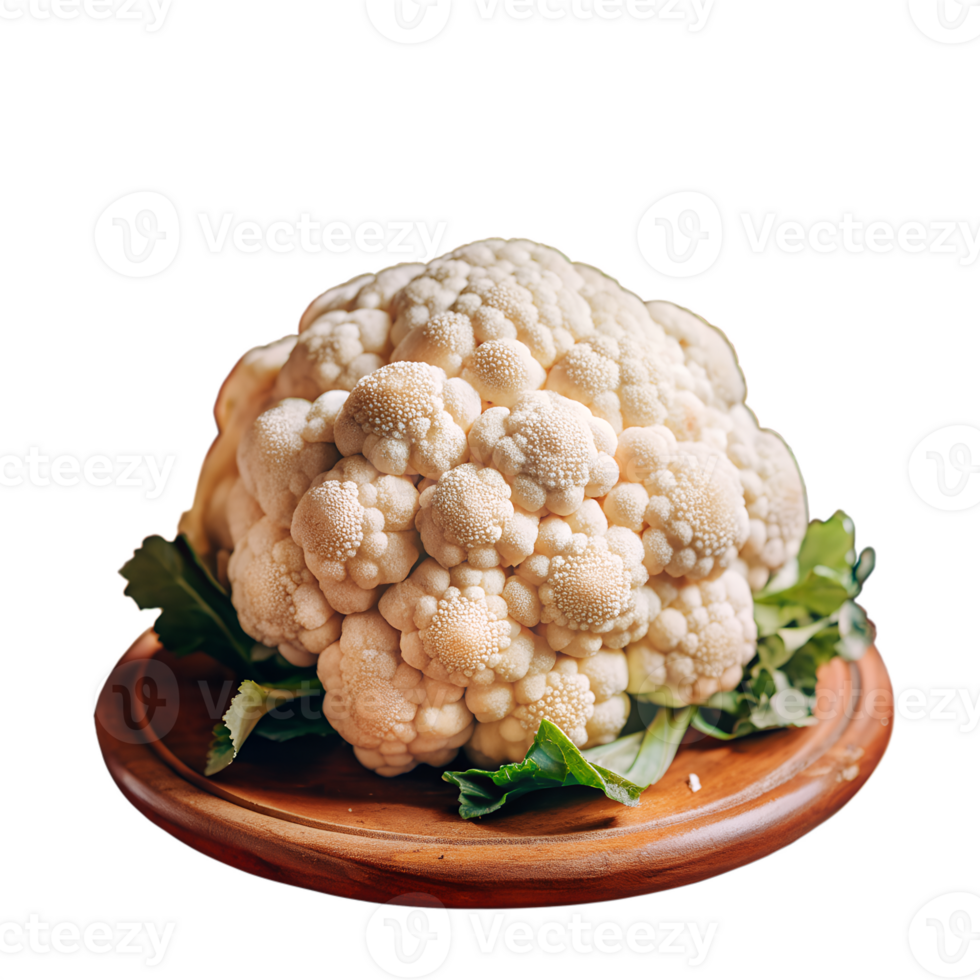 Close-up of a fresh cauliflower head placed on a wooden platter with green leaves surrounding it, isolated on a white background. png
