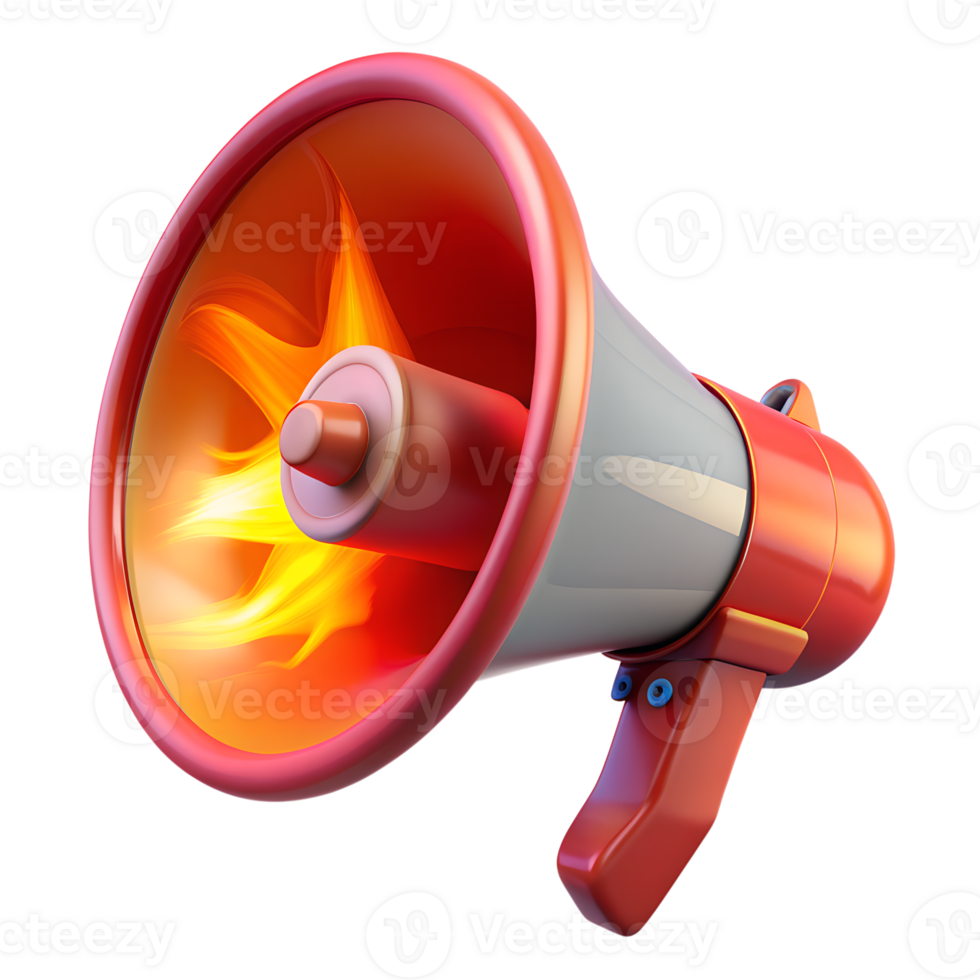 3D illustration of a red and white megaphone with fiery elements, symbolizing powerful communication and announcement. png