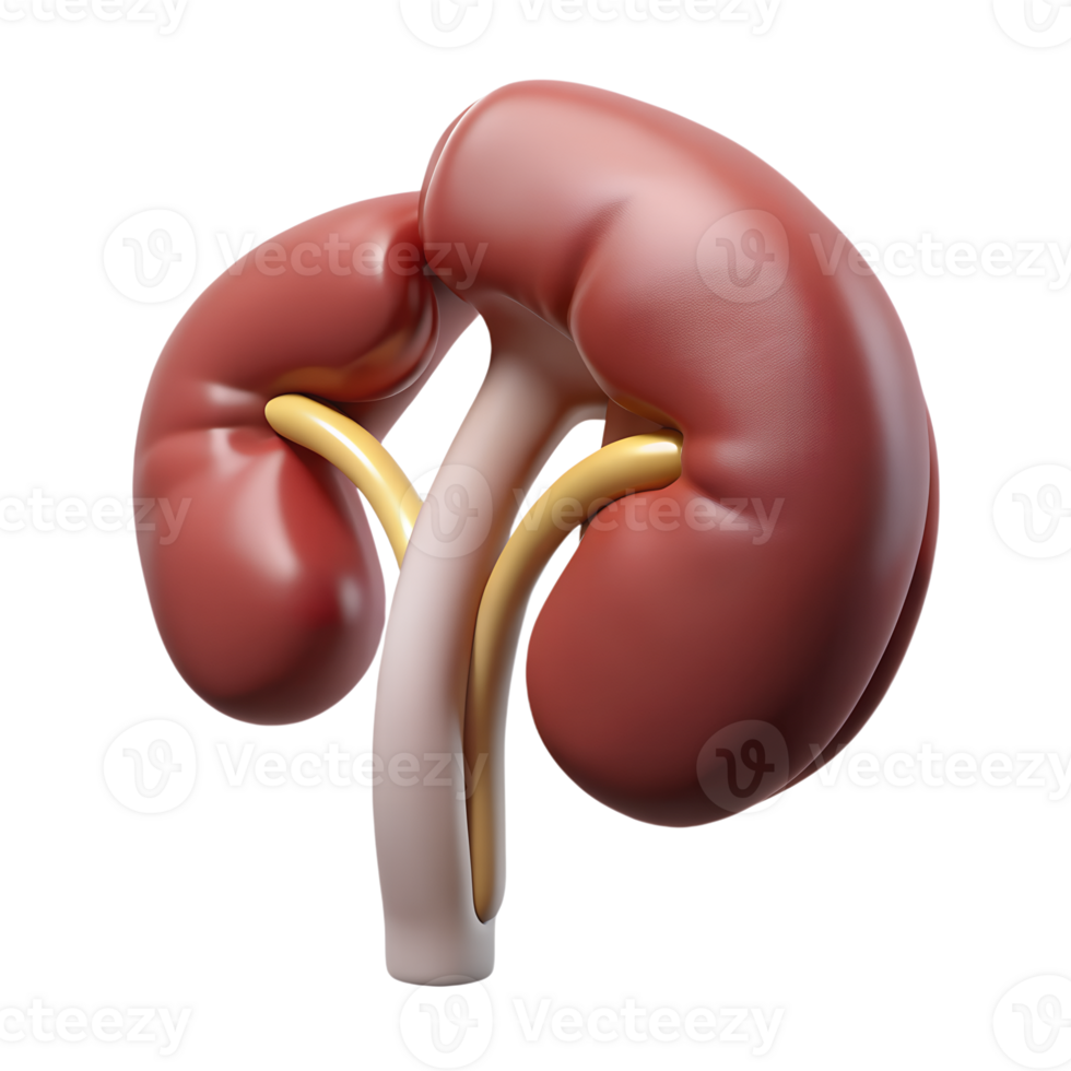 3D illustration of human kidney anatomy. Detailed medical rendering of renal system, showing structure and function in healthcare studies. png