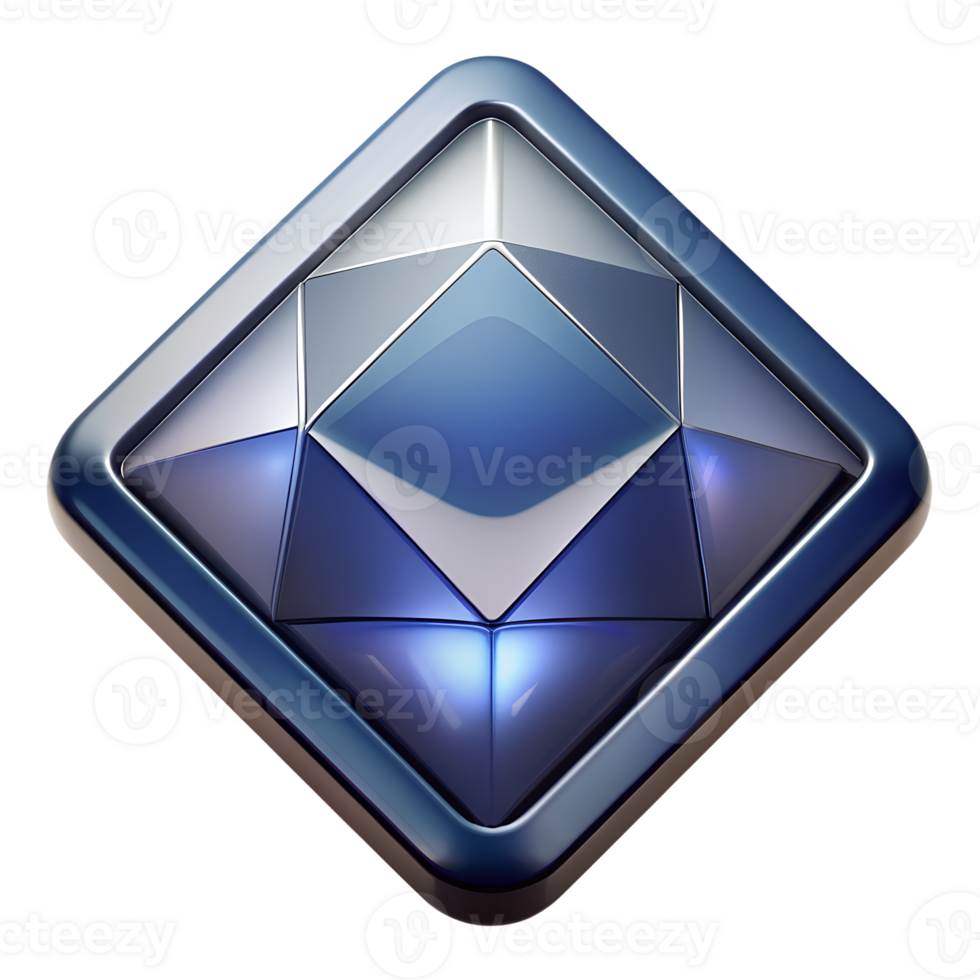 Abstract geometric diamond shape icon with blue and silver tones, representing modern technology and sophistication. png