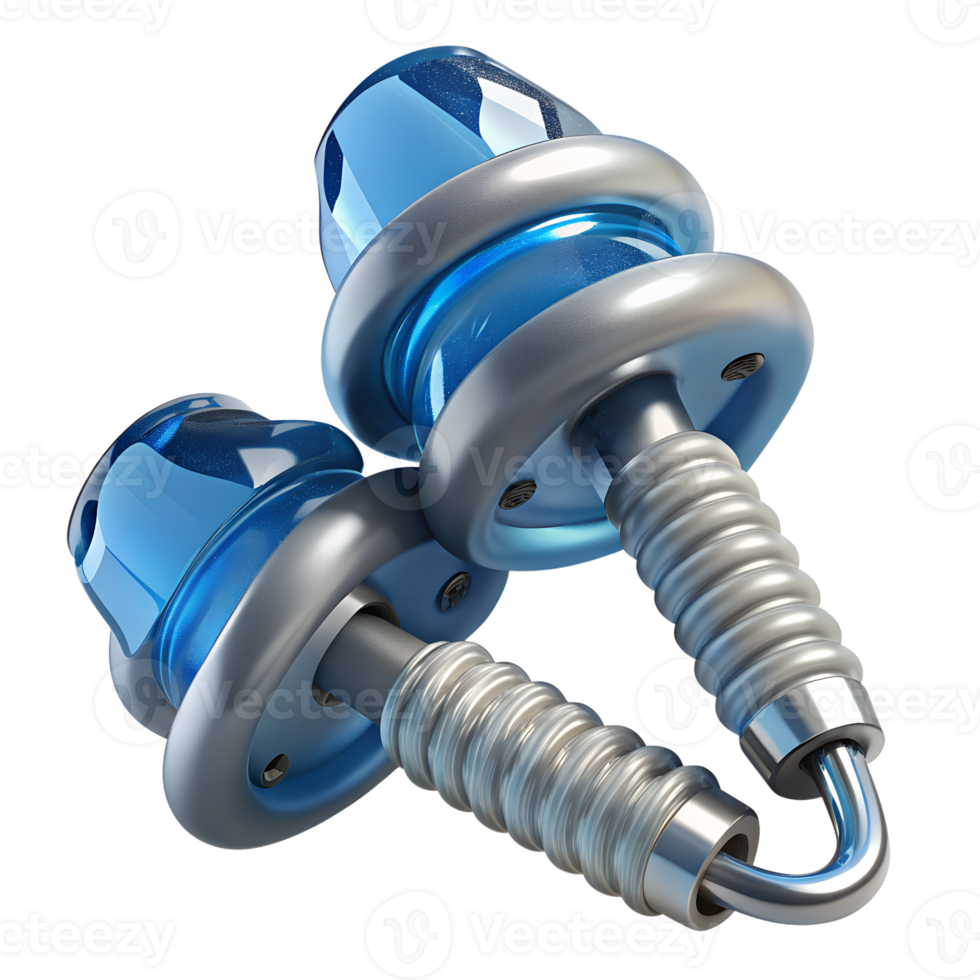 Close-up of two metallic screws with blue hex heads and springs, isolated on a white background, showcasing industrial hardware components. png