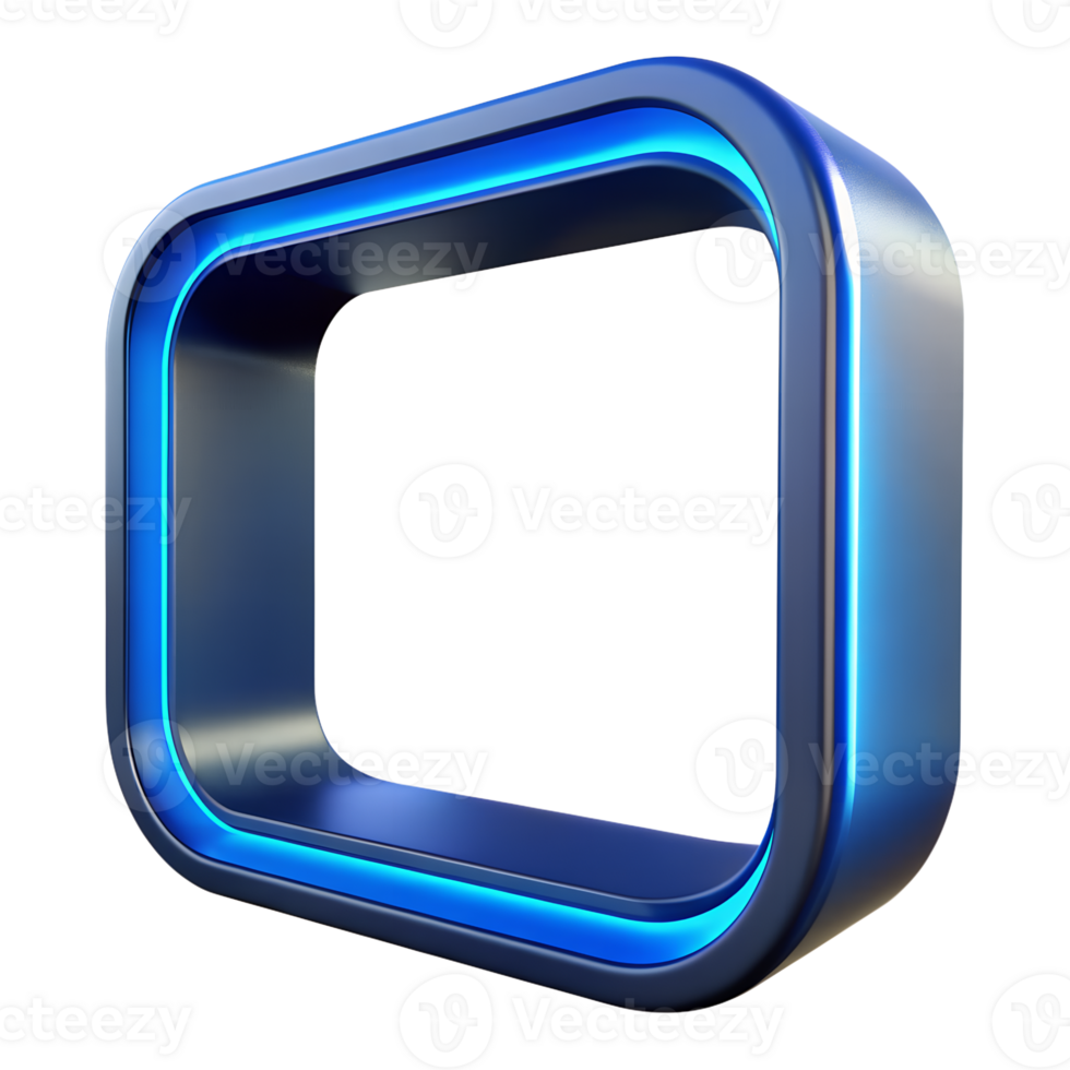 3D futuristic blue metallic frame with neon glowing edges, isolated on white background. Technology design, industrial elegance. png