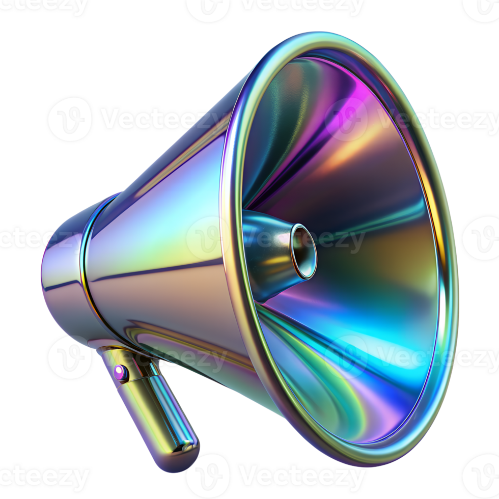 Colorful metallic megaphone with a shiny rainbow gradient finish, symbolizing communication, announcement, and amplification. png