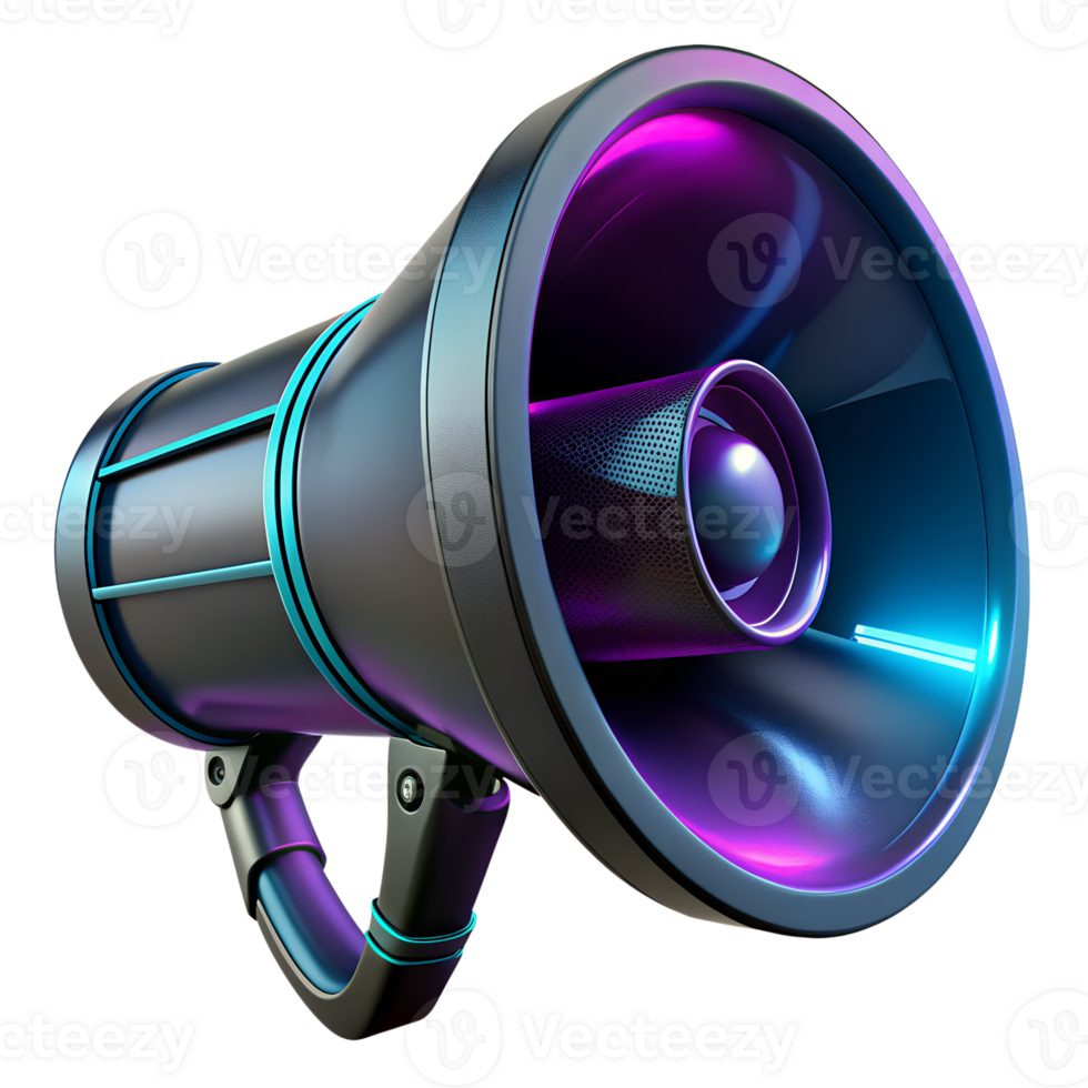 Colorful futuristic megaphone with vibrant neon lights, modern design. Perfect for digital artwork, innovation themes, and tech projects. png