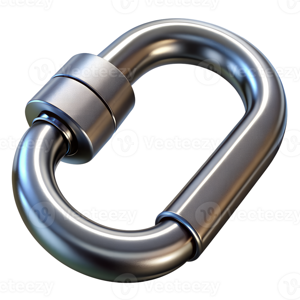 Close-up of a shiny metal carabiner with a screw lock, used for safety in climbing, industrial, and outdoor activities. png