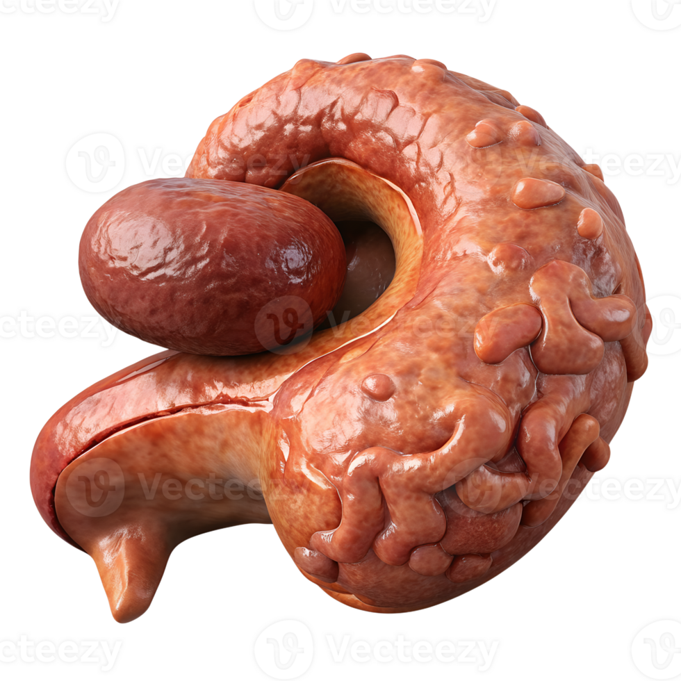 3D medical illustration of the pancreas gland with detailed textures, showcasing anatomy for healthcare and educational purposes. png