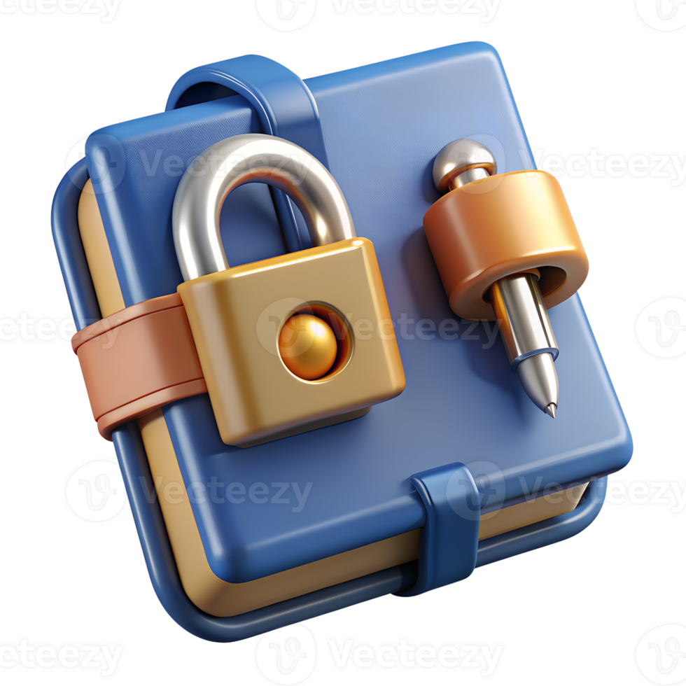 A secure, locked diary book with a metal padlock and a pen, symbolizing privacy, protection, and confidentiality in a digital illustration. png