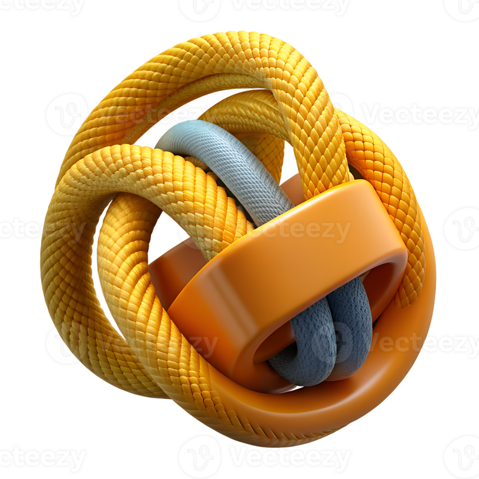 3D illustration of intertwined orange and grey ropes forming a complex knot on a white background. png