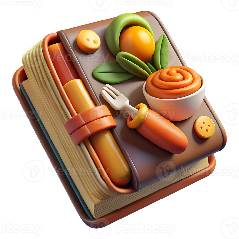 3D-rendered cookbook with vibrant food and utensils, perfect for culinary arts, recipes, and kitchen themes. png