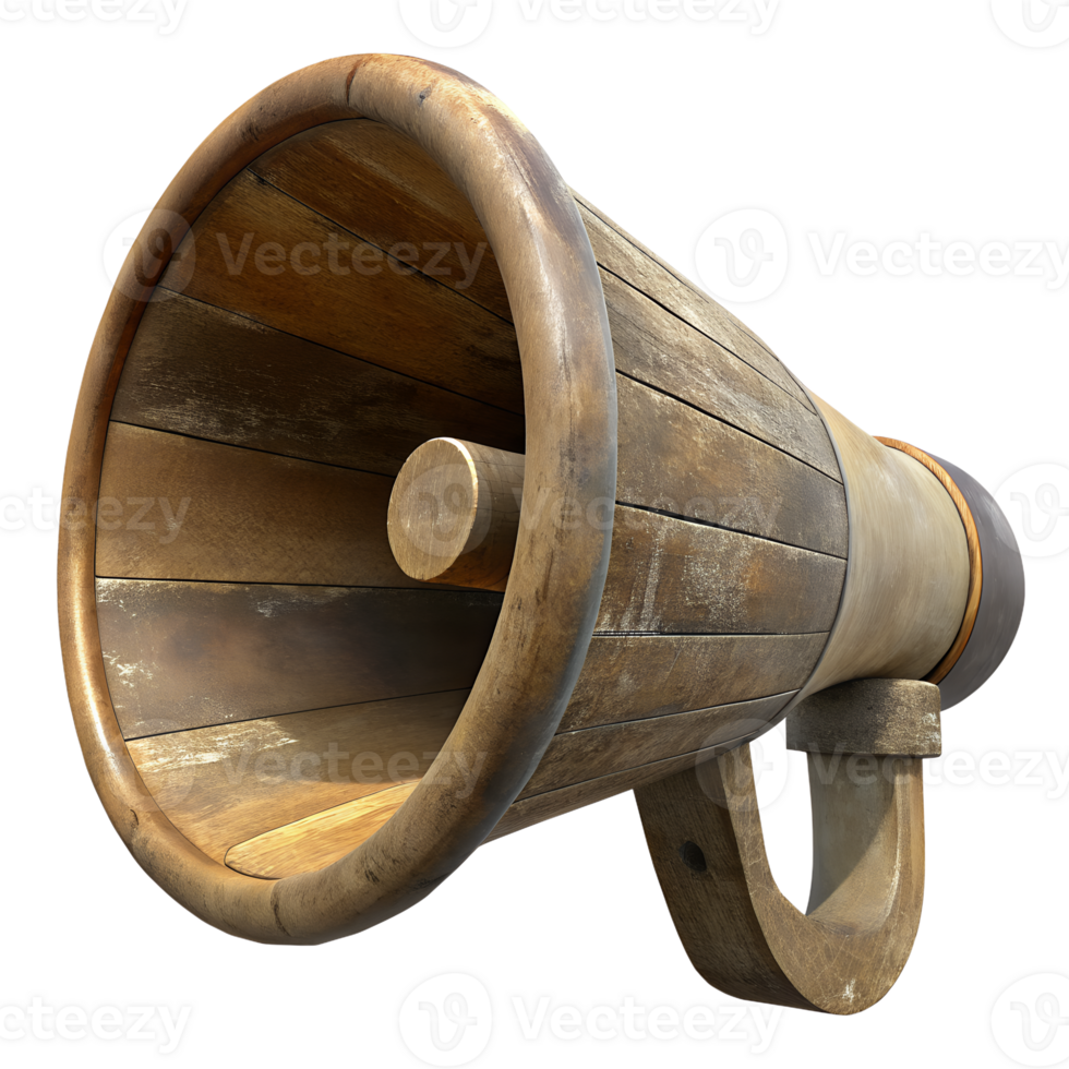Close-up of a vintage wooden megaphone with intricate detailing, isolated on a white background. png