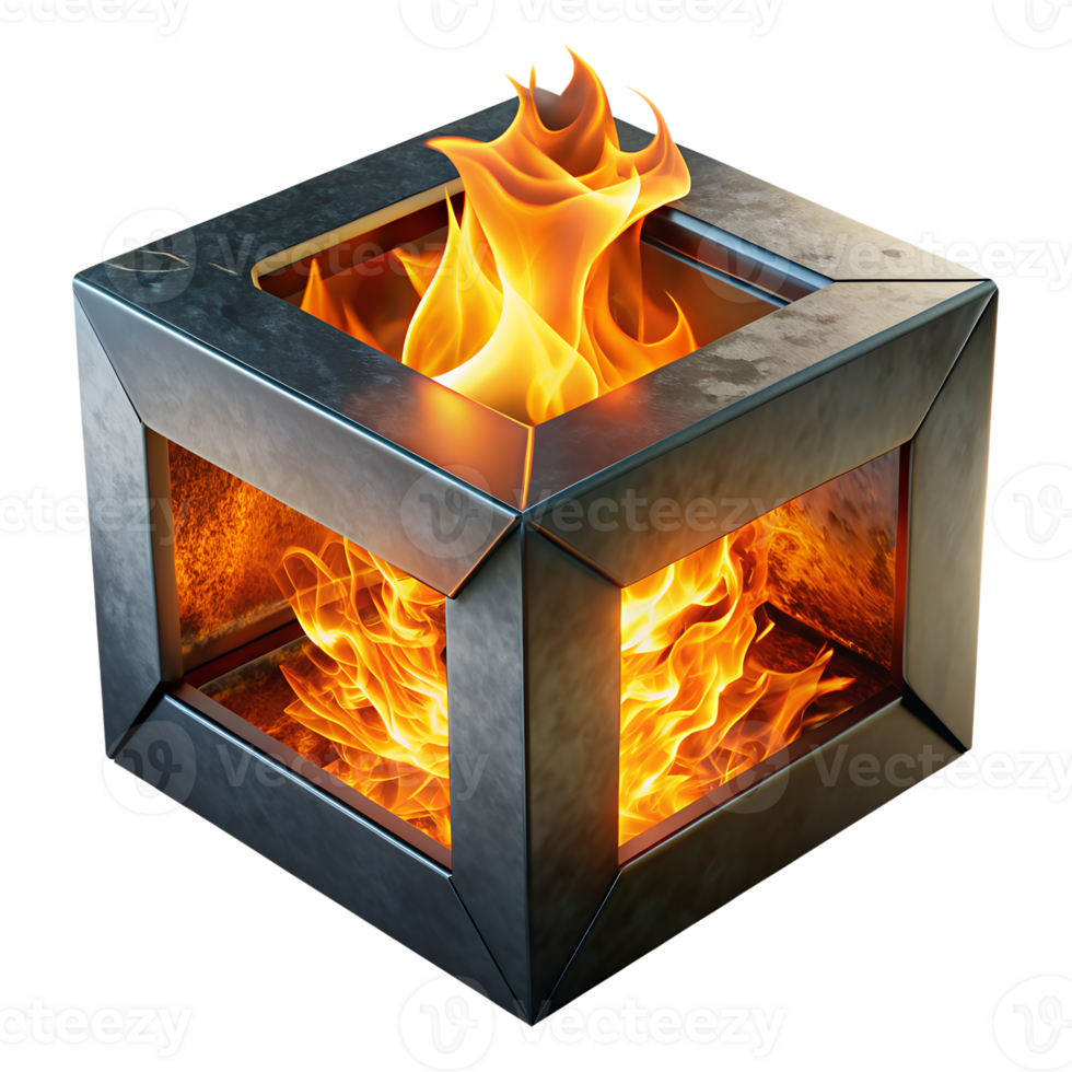 Abstract fiery cubic design with vibrant flames contained within a metallic cube structure, representing energy and innovation. png