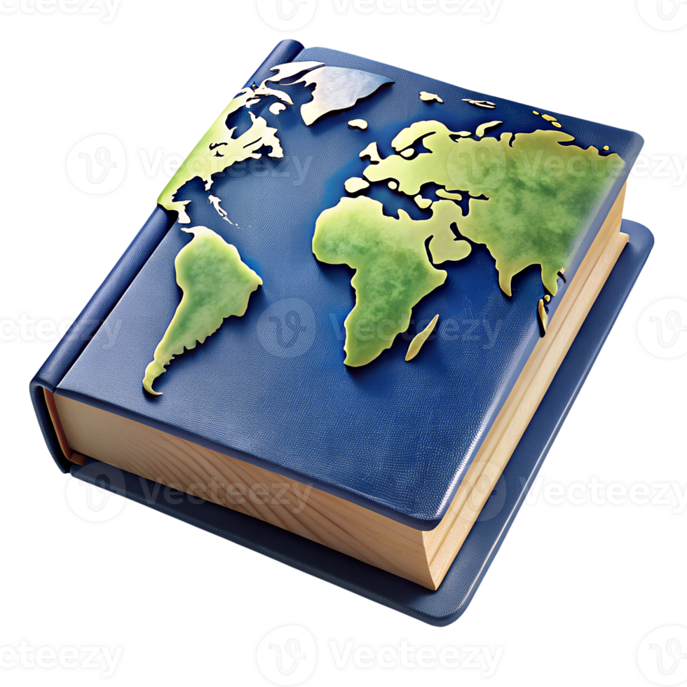 A blue hardcover book with a world map embossed on the cover, symbolizing global learning and international knowledge. png