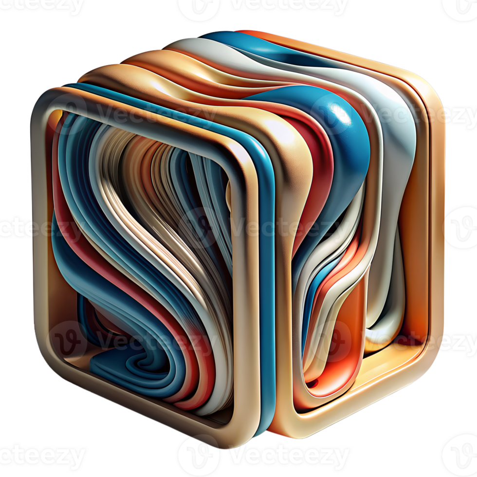 Abstract 3D render of multicolored intertwined curves forming a geometric cube, showcasing modern digital art and design. png