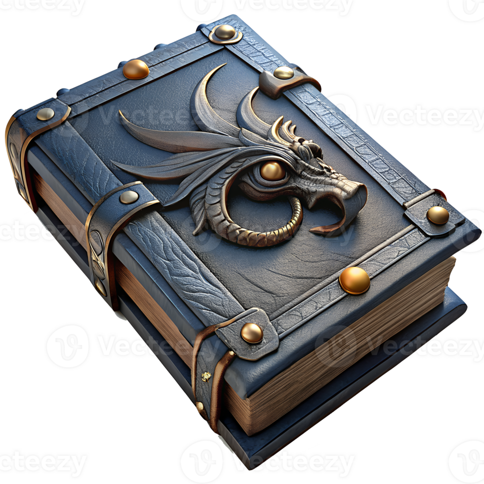 Ancient mystical book with a dragon emblem, bound in leather with metallic accents, symbolizing fantasy and adventure. png