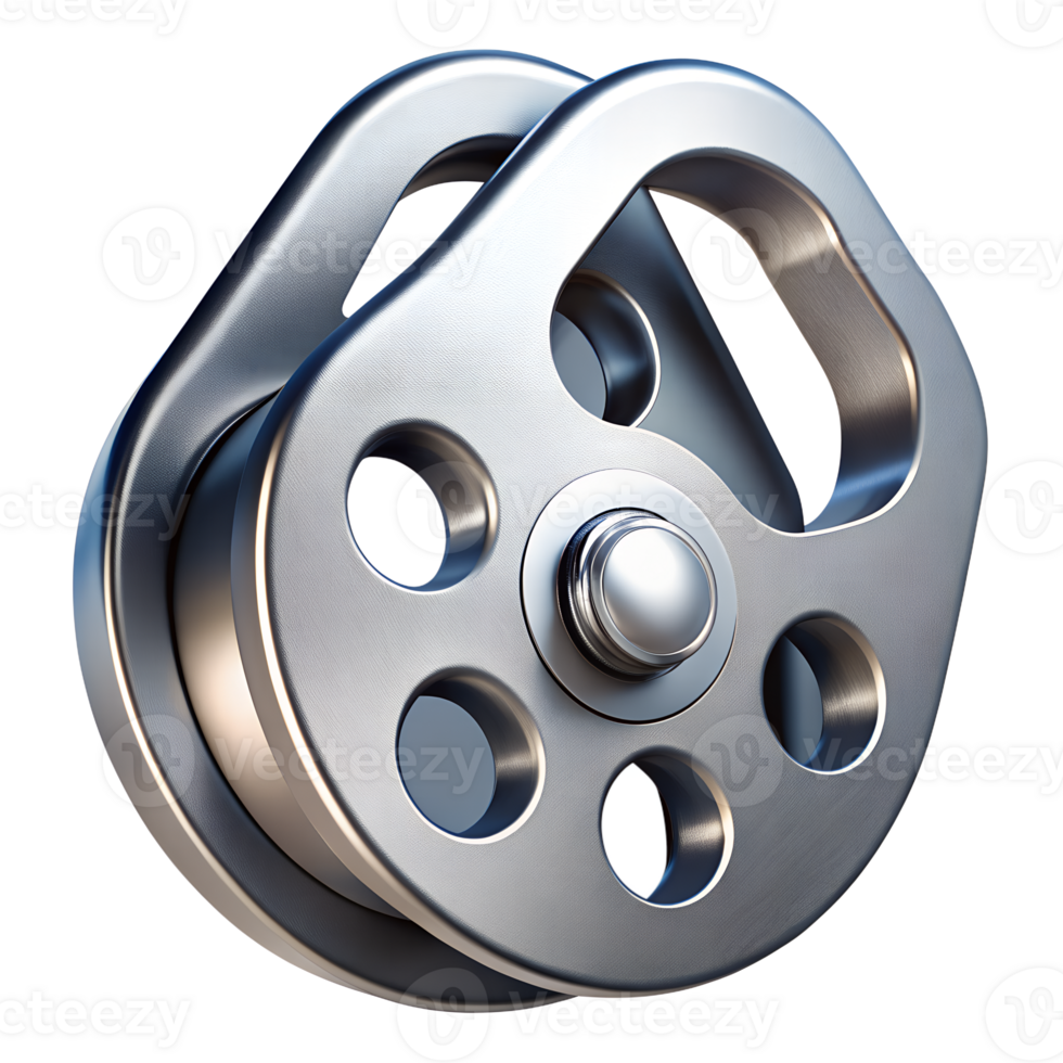Close-up of a metal pulley wheel with round holes, used in 